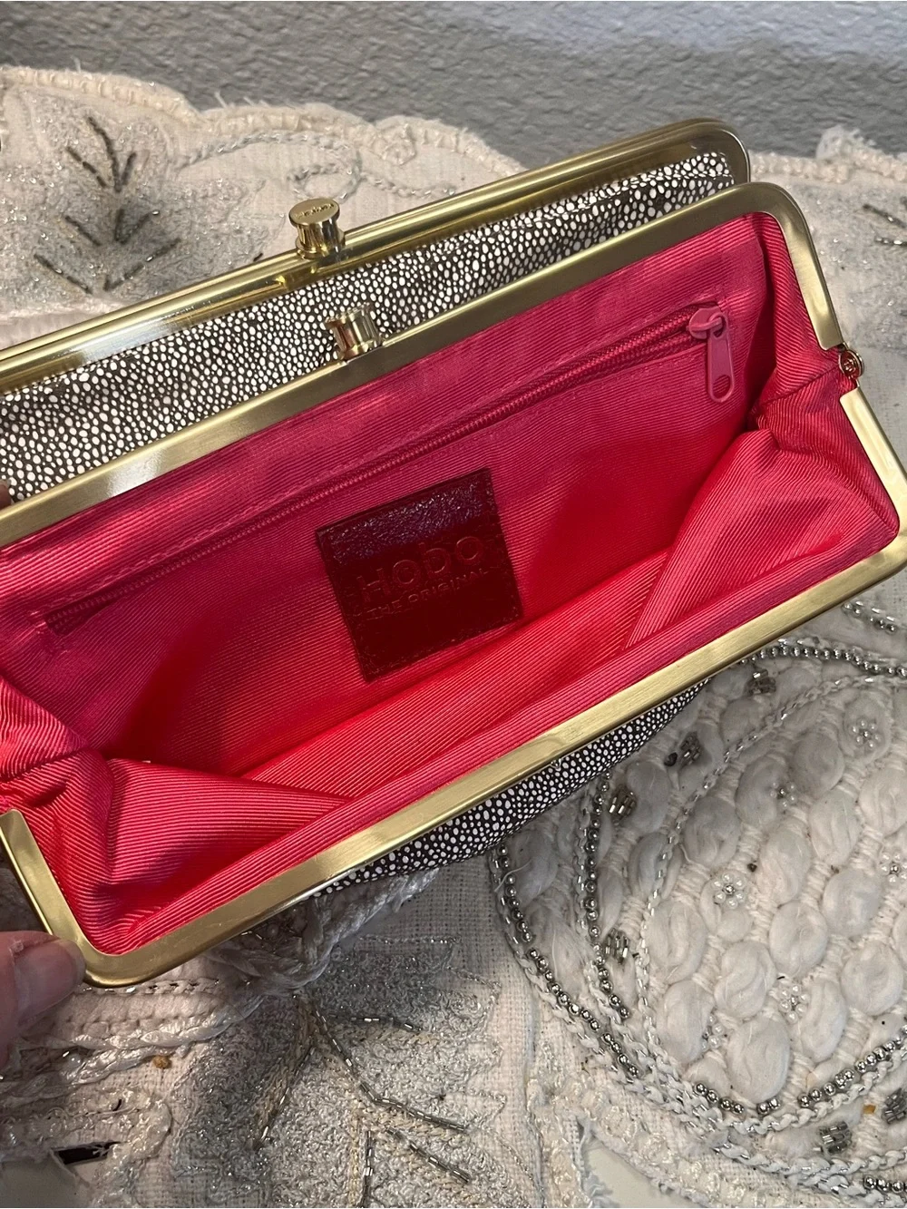 HOBO Metallic Shagreen Stingray Style Frame Wallet Clutch